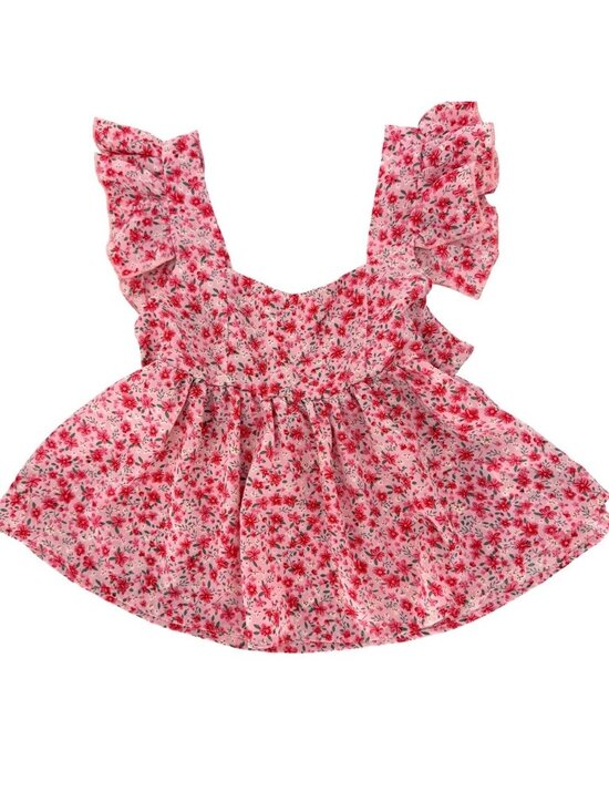 Tops - Pink Floral Ruffle Sleeve Babydoll Peplum Top Square Neck Summer Teen‎